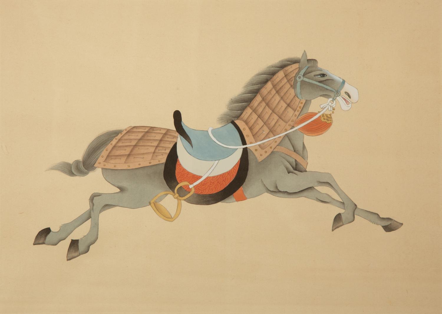 A Group of Four Chinese Gilt Framed Watercolors of Horses