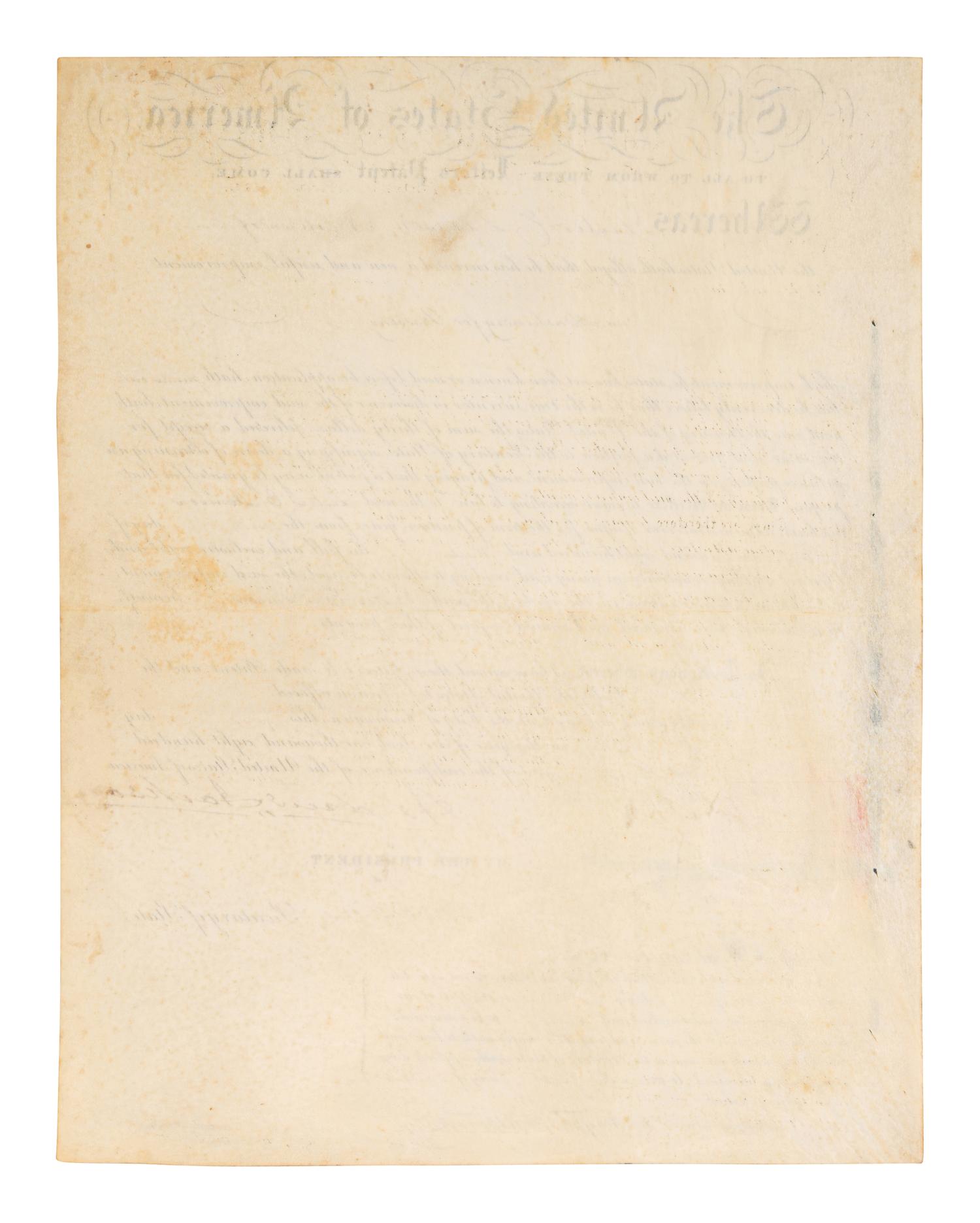 JACKSON, Andrew (1767-1845). Partly printed document signed ("Andrew Jackson"), as President, countersigned by Martin VAN BUREN (1782-1862) as Secretary of State, and J. MacPherson Berrien as Attorney General. 1 October 1830.