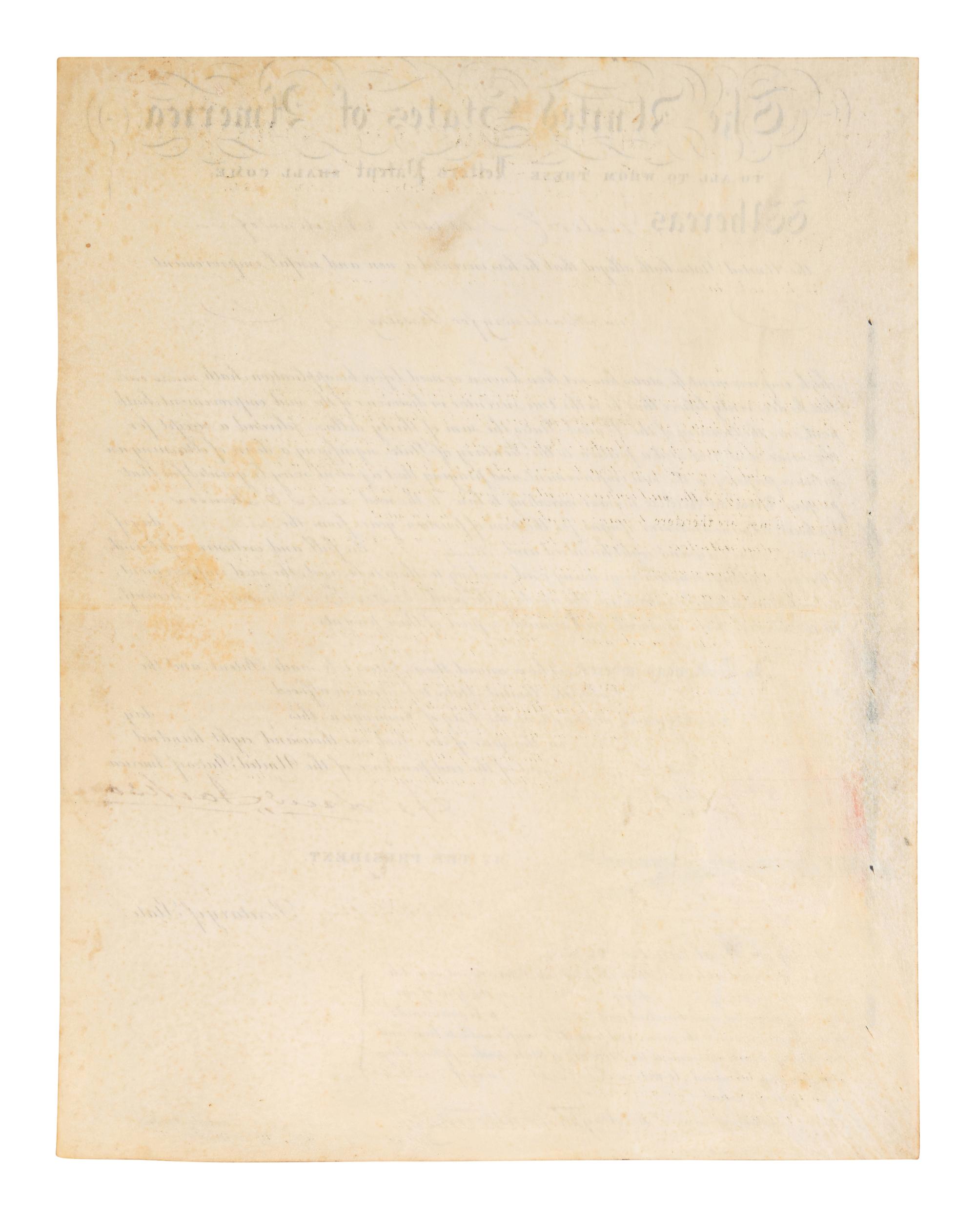 JACKSON, Andrew (1767-1845). Partly printed document signed ("Andrew Jackson"), as President, countersigned by Martin VAN BUREN (1782-1862) as Secretary of State, and J. MacPherson Berrien as Attorney General. 1 October 1830.
