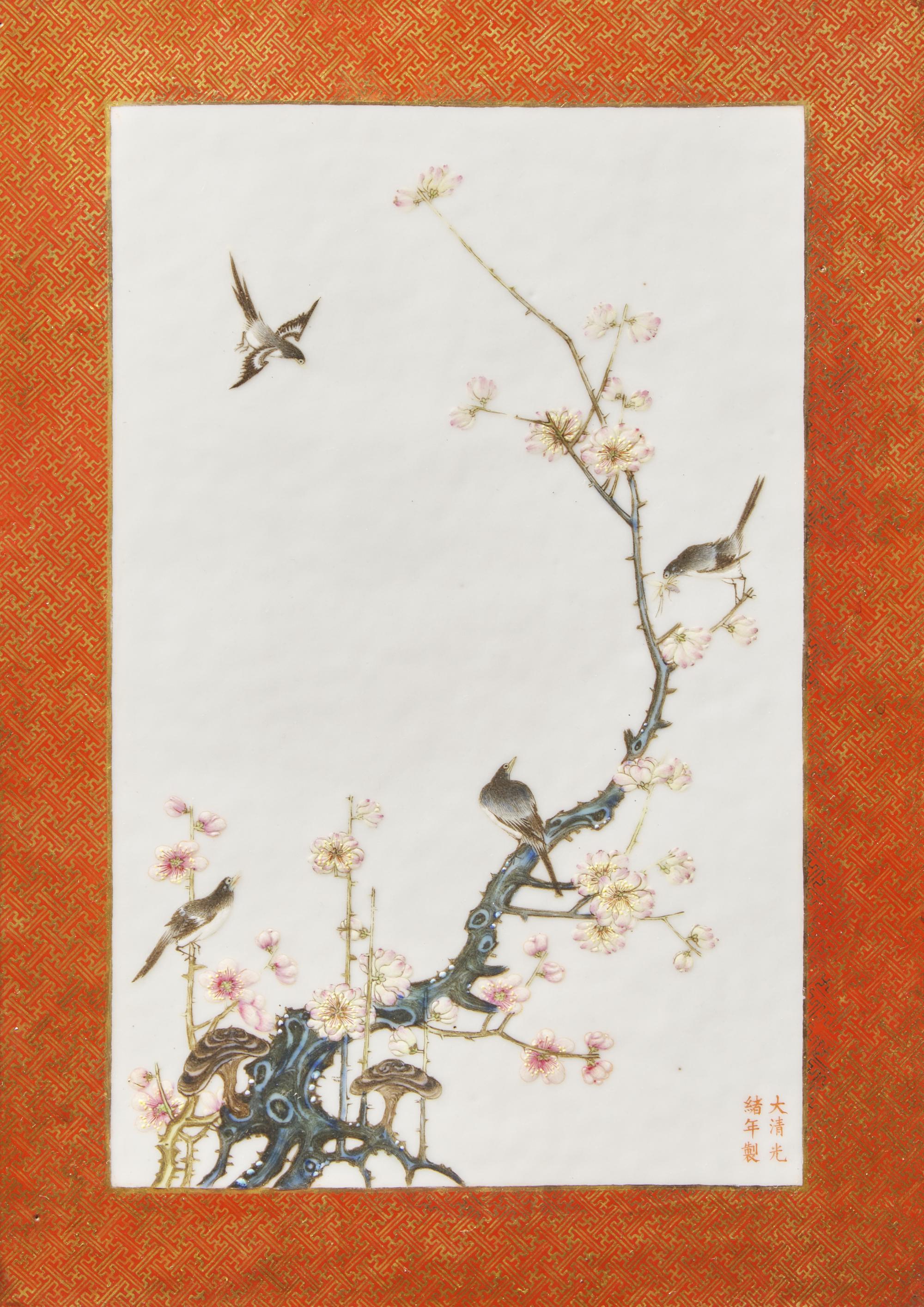 A Chinese Famille Rose Porcelain and Carved Wood Table Screen, 19th to Early 20th Century 晚清-民國 “梅雀爭春”瓷板插屏