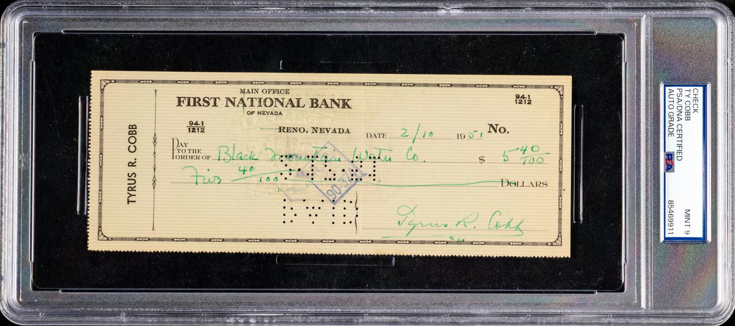 A Ty Cobb Signed Autograph Check (PSA 9 AUTO MINT)