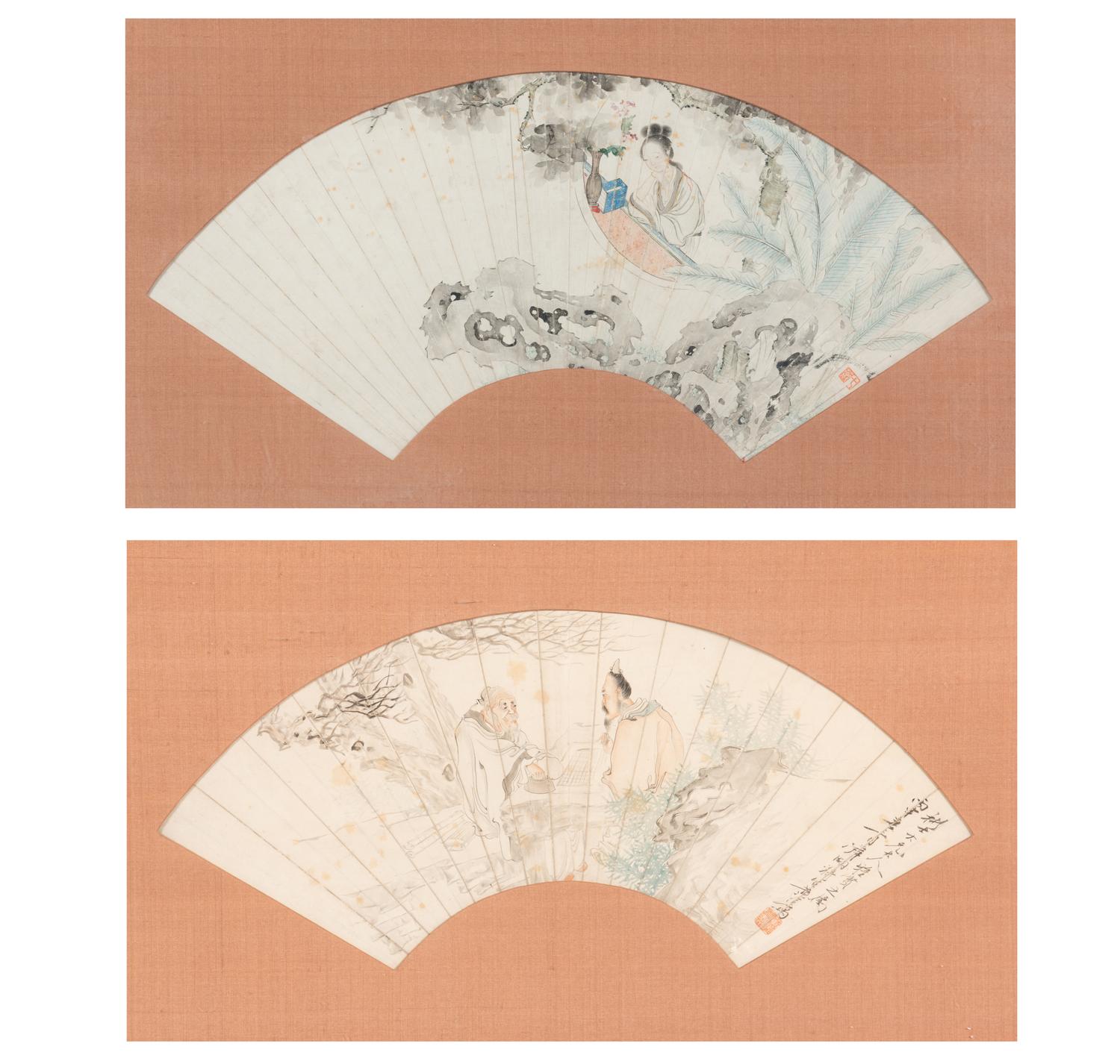 Two Chinese Folding Fan Leaves, 19th Century 清晚期 扇面兩幅