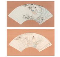 Two Chinese Folding Fan Leaves, 19th Century 清晚期 扇面兩幅