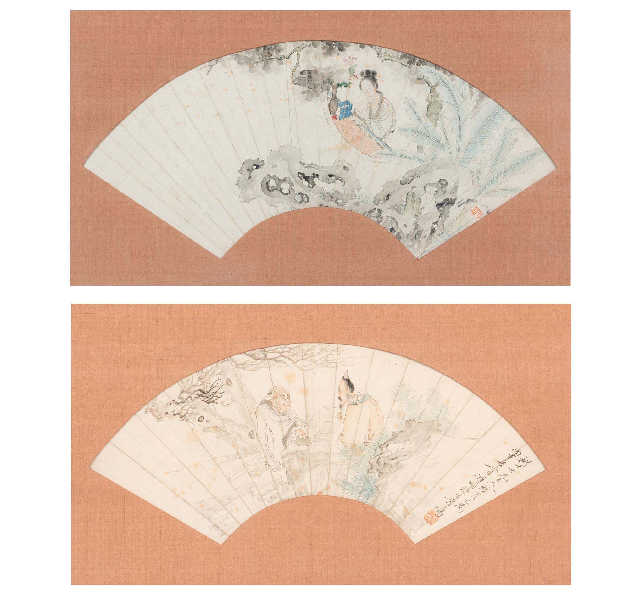 Two Chinese Folding Fan Leaves, 19th Century 清晚期 扇面兩幅