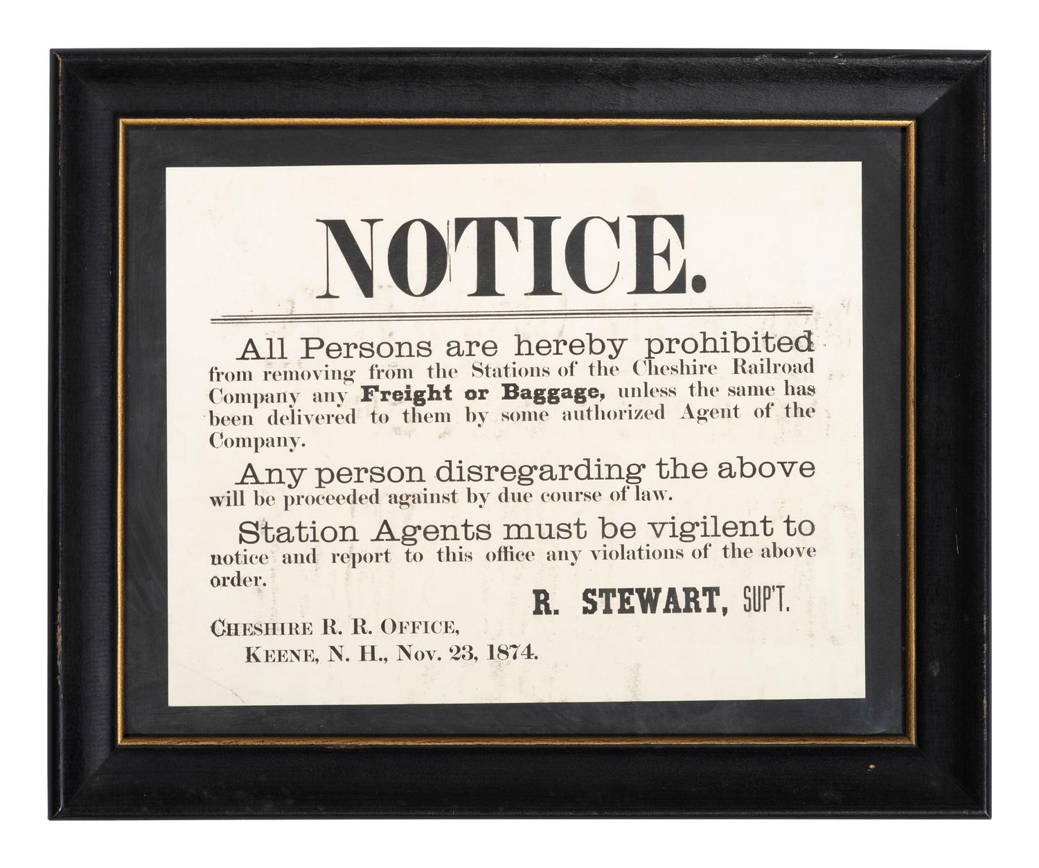 [TRANSPORTATION]. Notice. Keene, NH: N.p., 23 November 1874. Cheshire Railroad broadside.