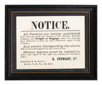 [TRANSPORTATION]. Notice. Keene, NH: N.p., 23 November 1874. Cheshire Railroad broadside.