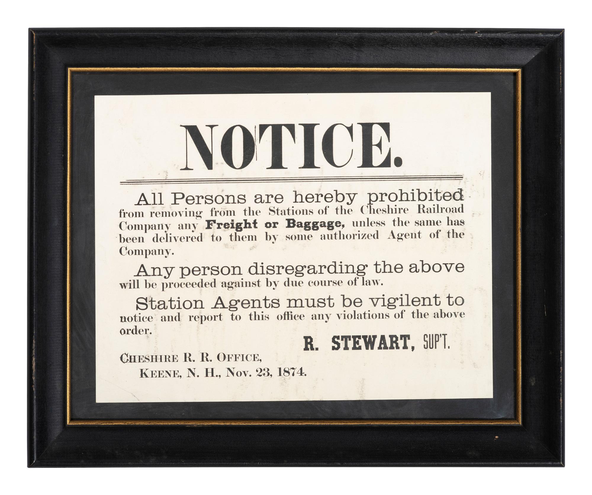 [TRANSPORTATION]. Notice. Keene, NH: N.p., 23 November 1874. Cheshire Railroad broadside.