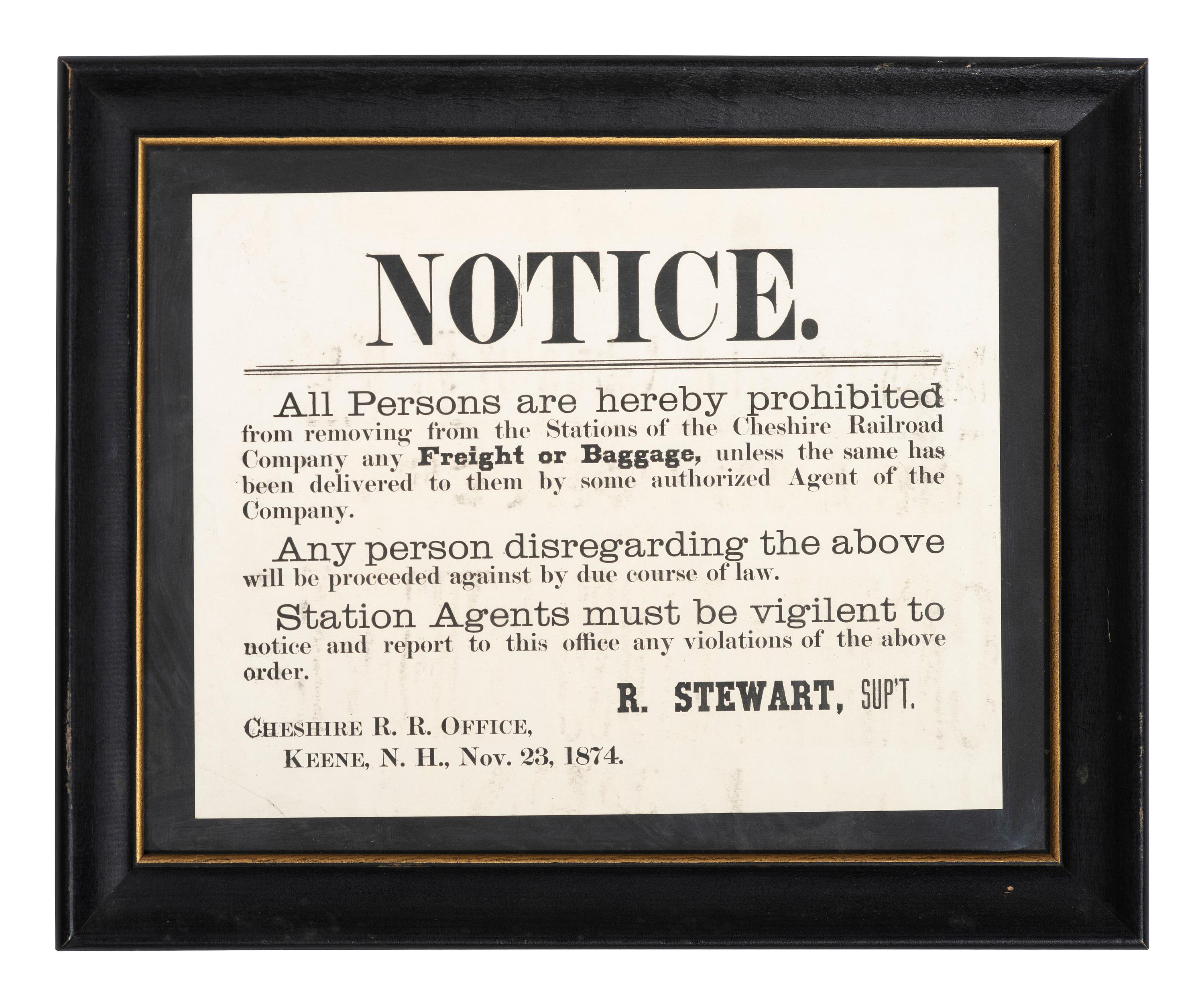 [TRANSPORTATION]. Notice. Keene, NH: N.p., 23 November 1874. Cheshire Railroad broadside.