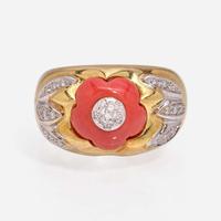 An 18K Gold, Coral, and Diamond Pendant and Ring