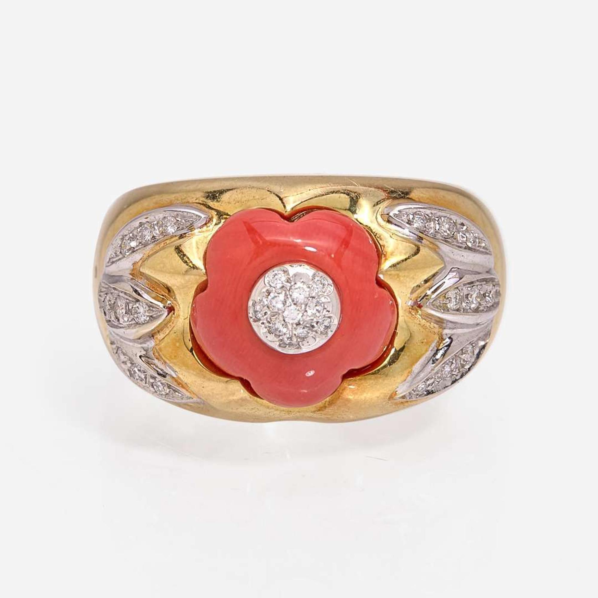 An 18K Gold, Coral, and Diamond Pendant and Ring