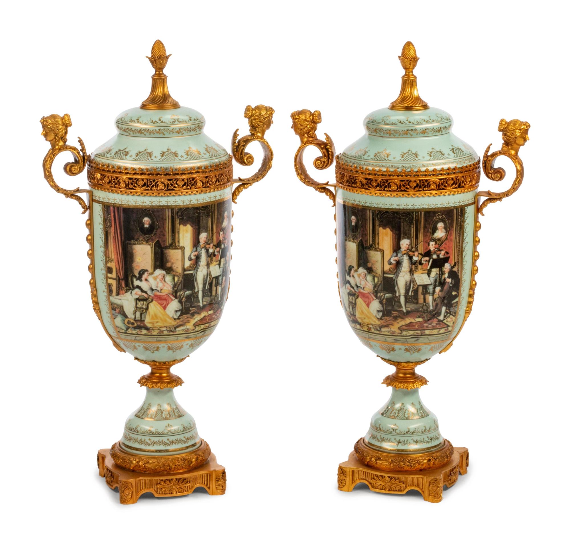 A Pair of Gilt Metal Mounted Sèvres Style Porcelain Covered Vases