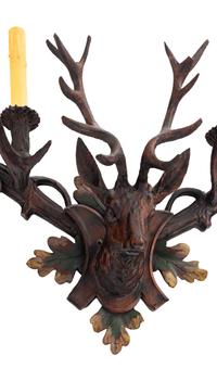 A Pair of Black-Forest Style Polychrome Decorated Two-Light Sconces