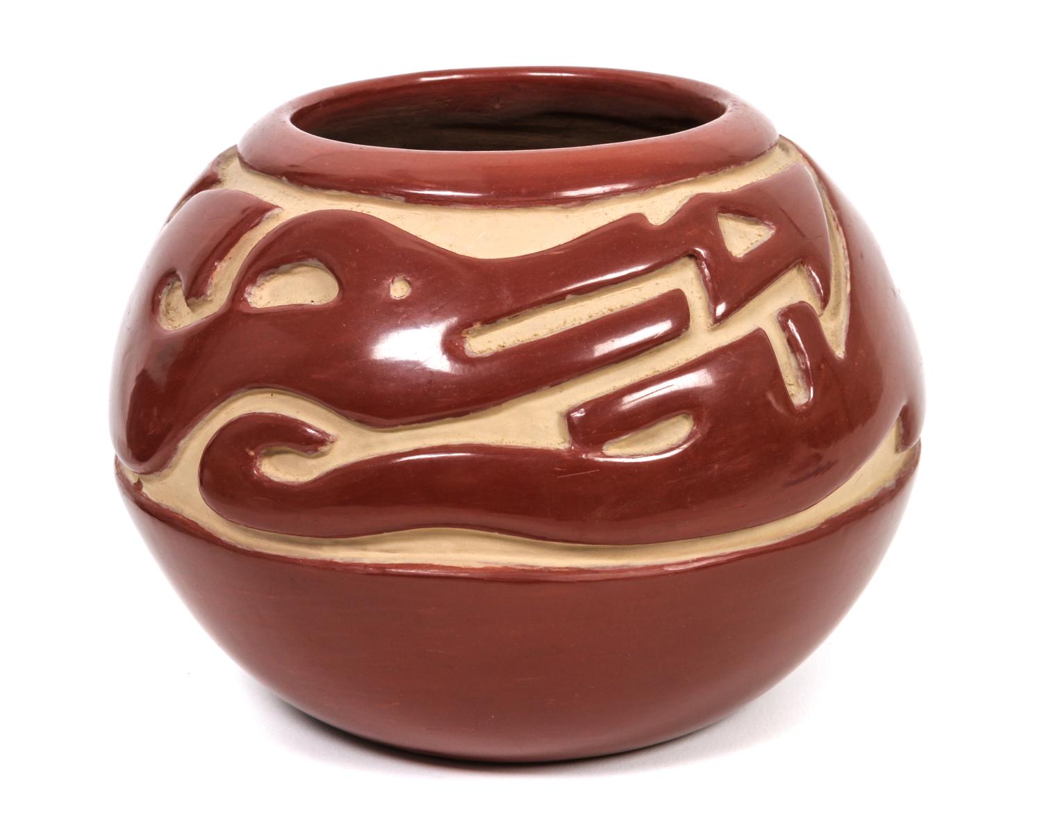 Margaret Tafoya "Corn Blossom" (Santa Clara, 1904-2001) Incised Redware Bowl Height 5 3/4 x diameter 7 inches.