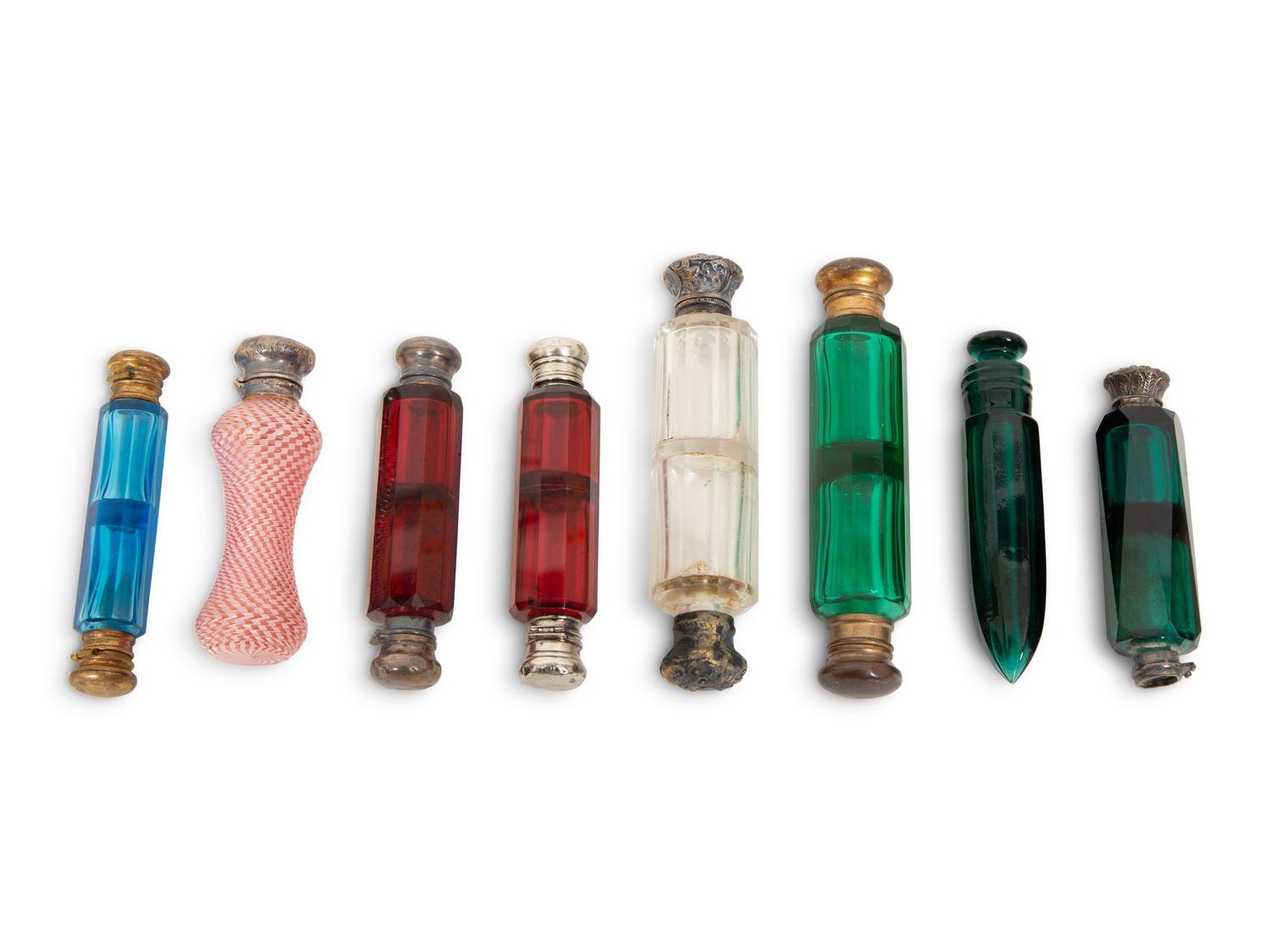 Eight English Silver or Brass-Mounted Glass Scent Bottles