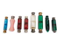 Eight English Silver or Brass-Mounted Glass Scent Bottles