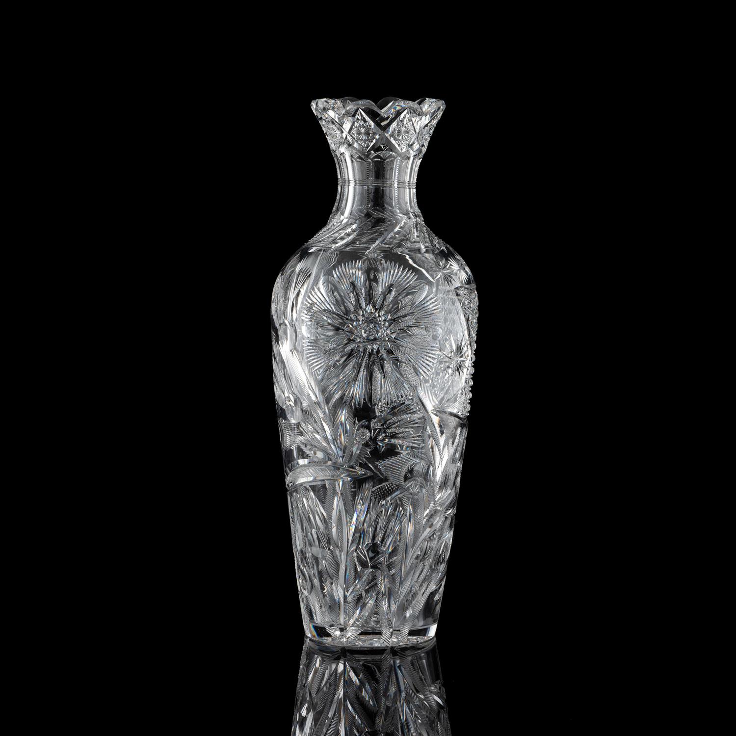 A Brilliant-Period Cut Glass Vase with Flowers, Possibly by W.C. Anderson or Strauss