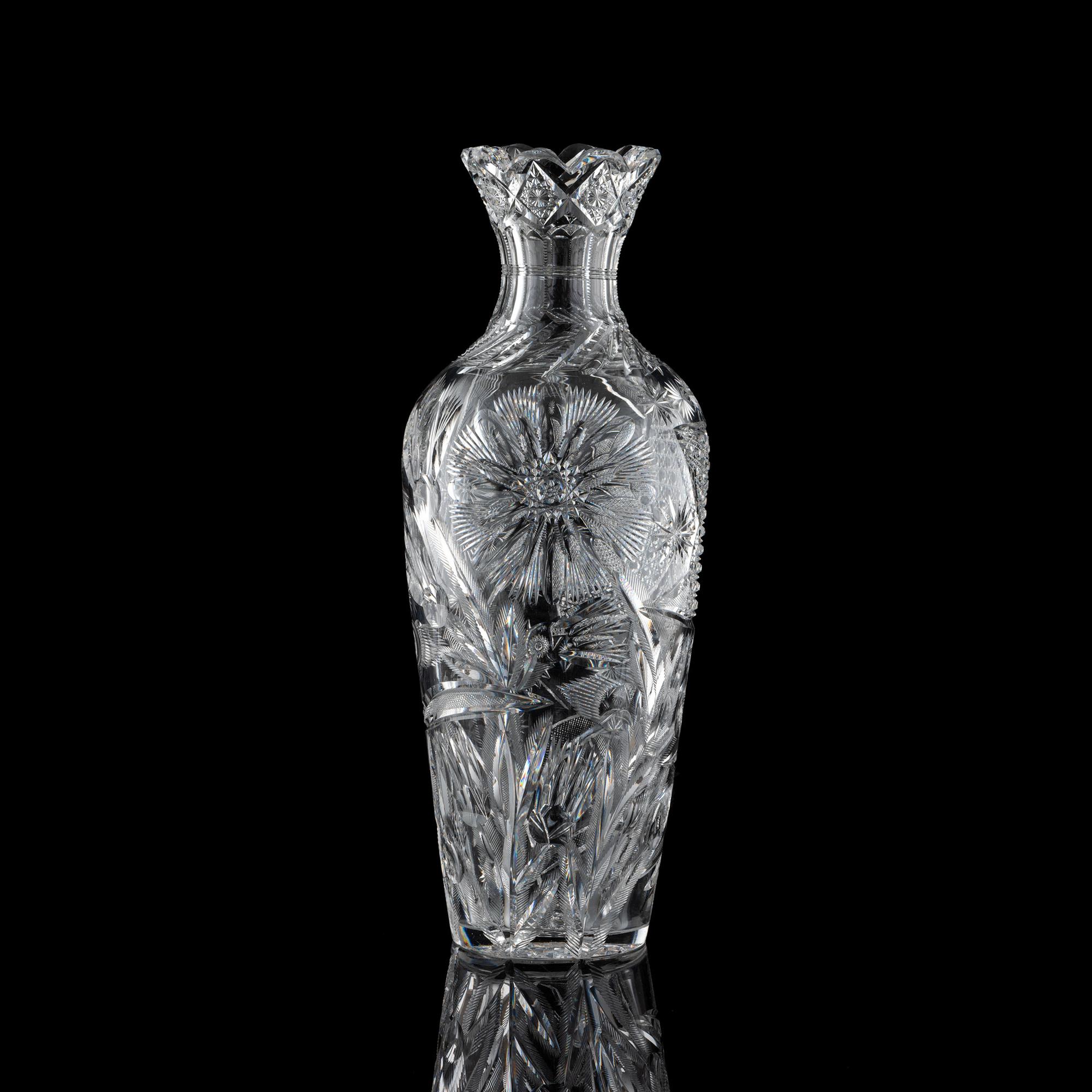 A Brilliant-Period Cut Glass Vase with Flowers, Possibly by W.C. Anderson or Strauss