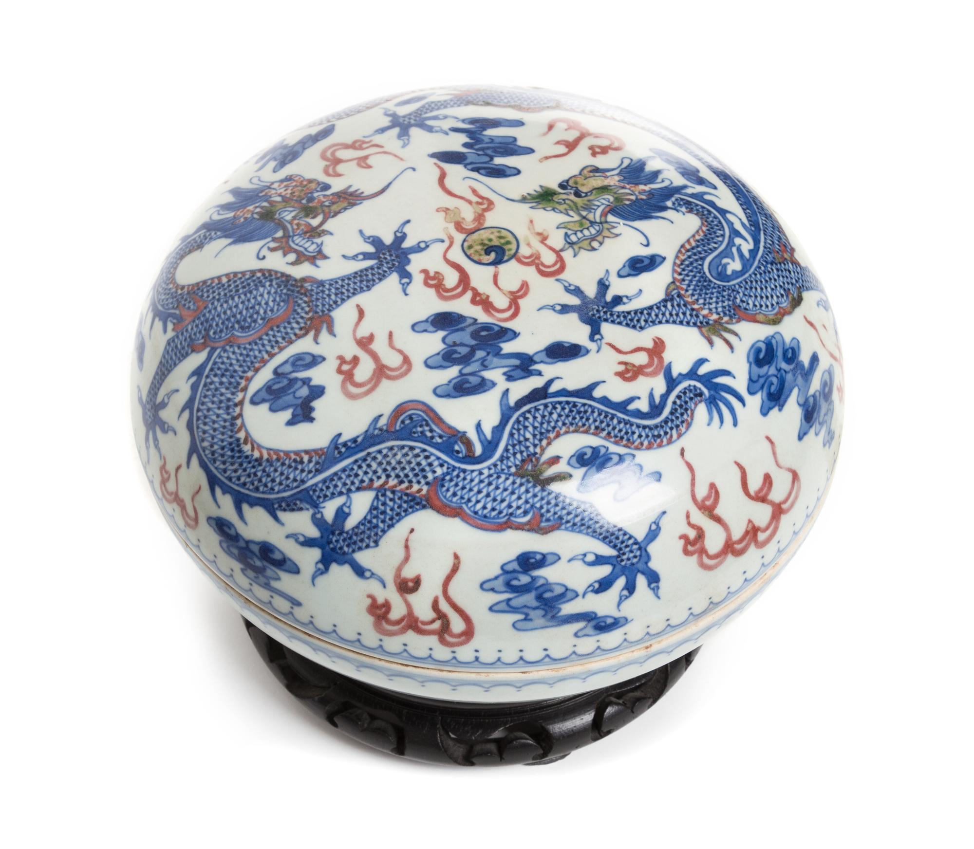 A Blue and White and Iron Red Circular Box and Cover Diameter 9 1/2 inches.