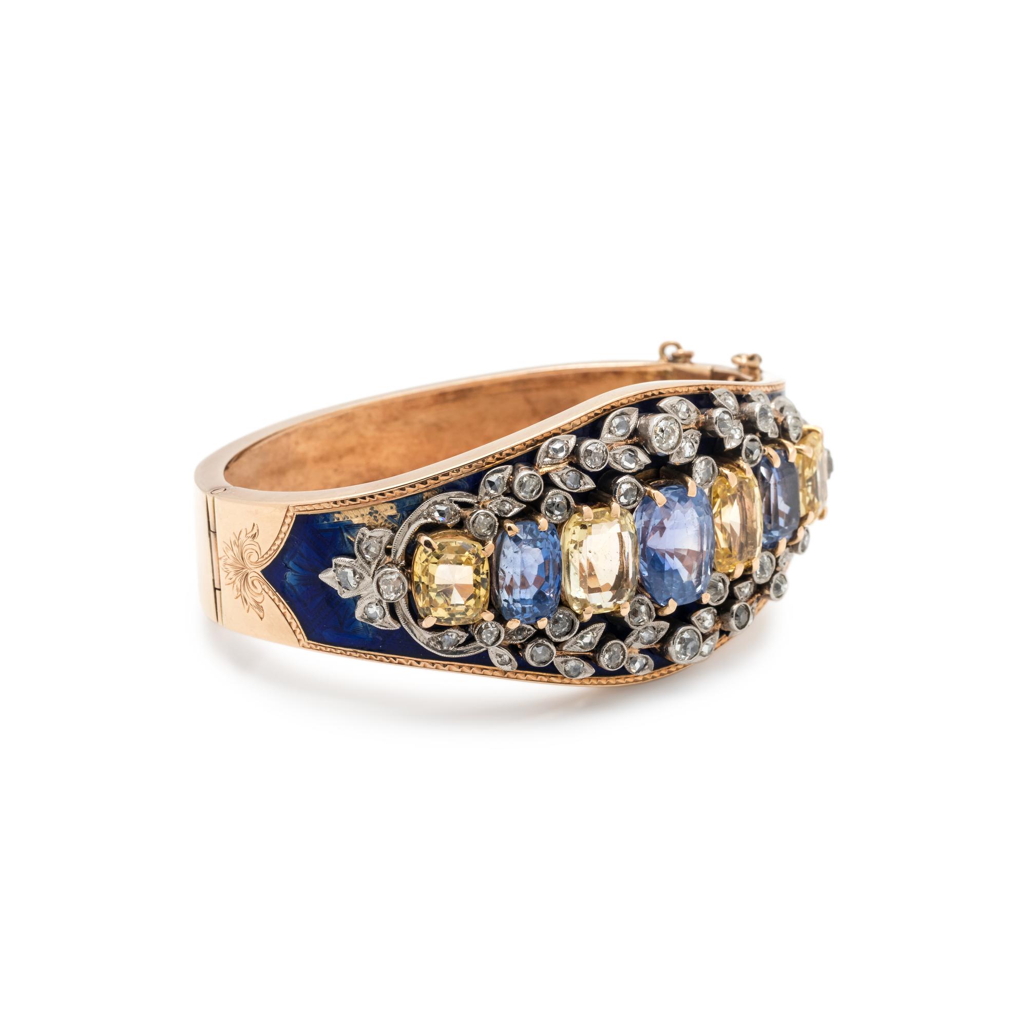 SAPPHIRE, DIAMOND AND ENAMEL BANGLE BRACELET