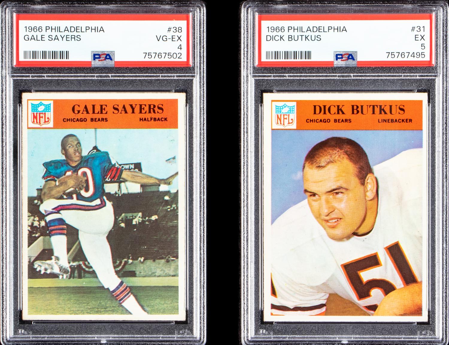 A 1966 Philadelphia Dick Butkus Rookie Football Card No. 31 (PSA 5 EX) and A 1966 Philadelphia Gale Sayers Rookie Football Card No. 38 (PSA 4 VG-EX)