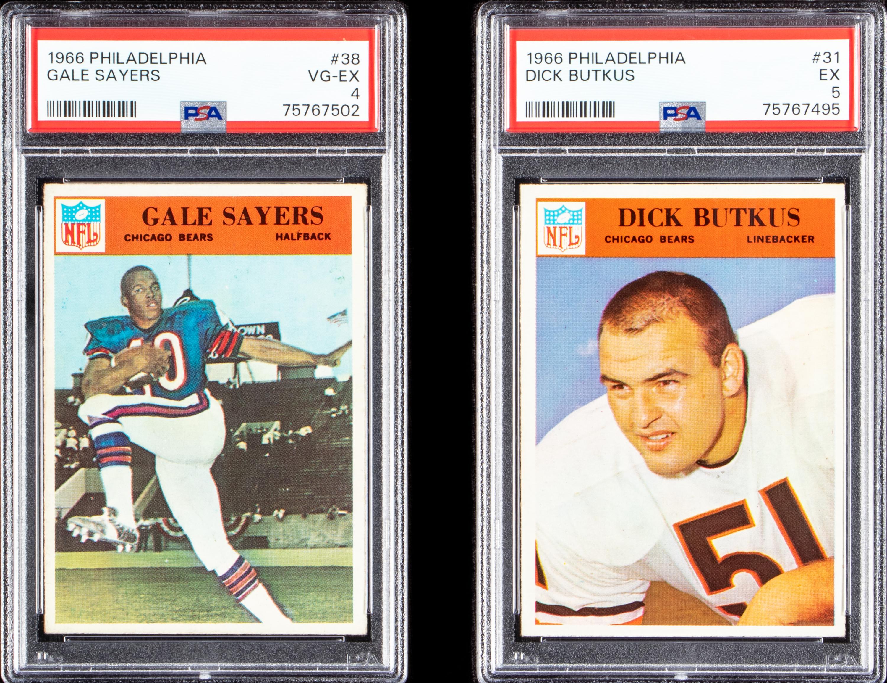 A 1966 Philadelphia Dick Butkus Rookie Football Card No. 31 (PSA 5 EX) and A 1966 Philadelphia Gale Sayers Rookie Football Card No. 38 (PSA 4 VG-EX)