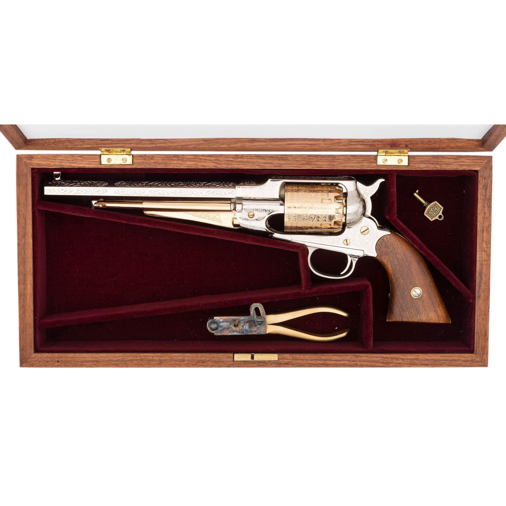 Cased Engraved & Plated Reproduction Remington New Model Army Percussion Revolver by Armi San Marco with Accessories