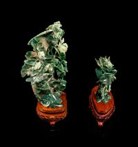 Two Chinese Spinach Jade Figural Groups of Birds