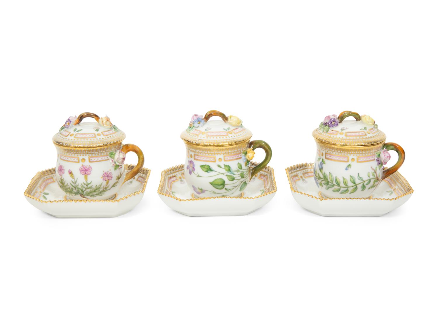 Seven Royal Copenhagen Flora Danica Porcelain Custard Cups and Saucers