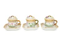 Seven Royal Copenhagen Flora Danica Porcelain Custard Cups and Saucers