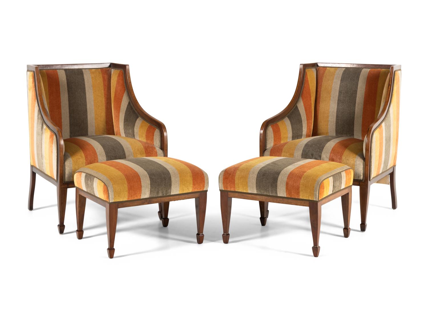 A Pair of Continental Walnut and Mahogany Bergères with Associated Ottomans