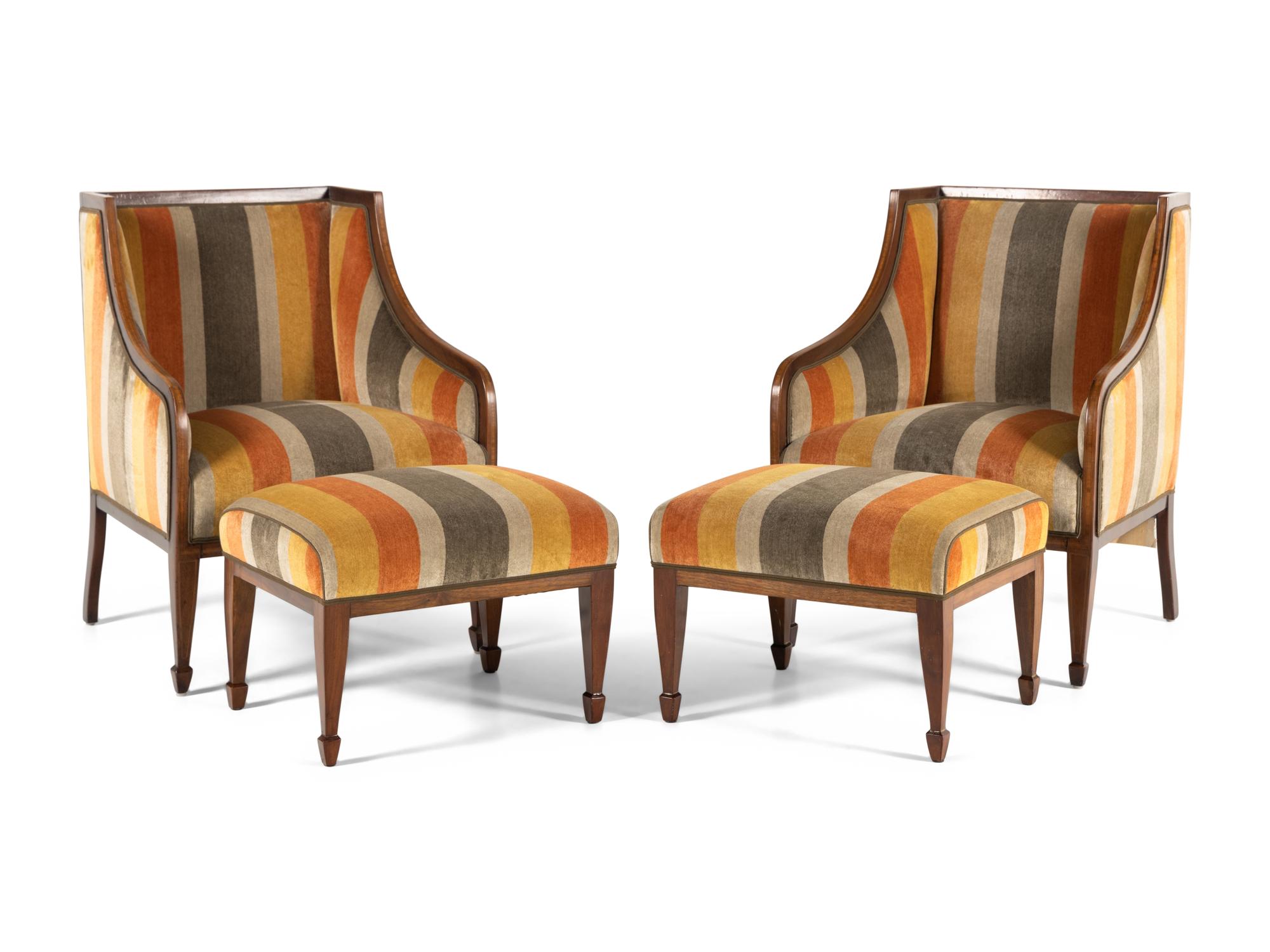 A Pair of Continental Walnut and Mahogany Bergères with Associated Ottomans