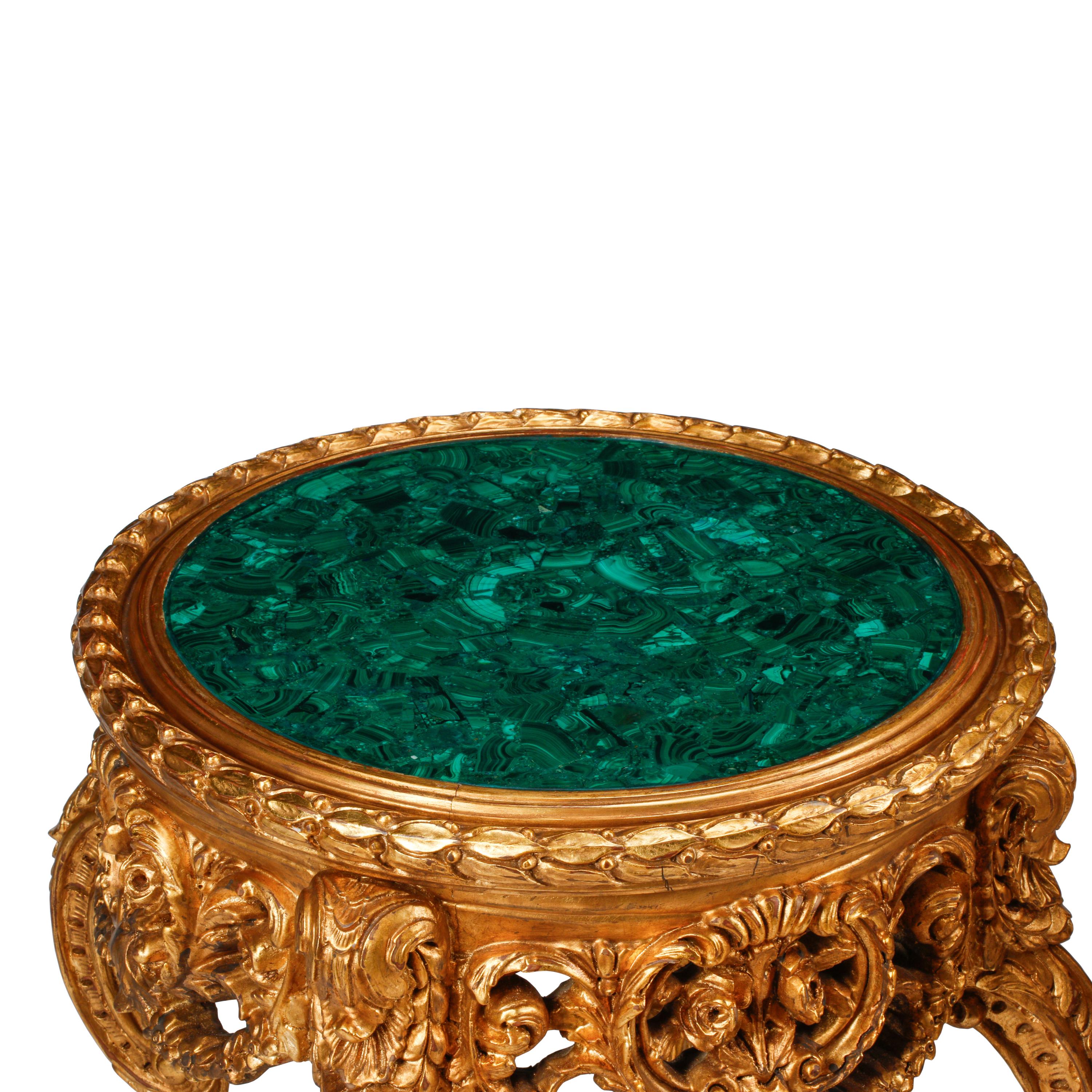A Pair of Louis XV Style Giltwood and Malachite Side Tables