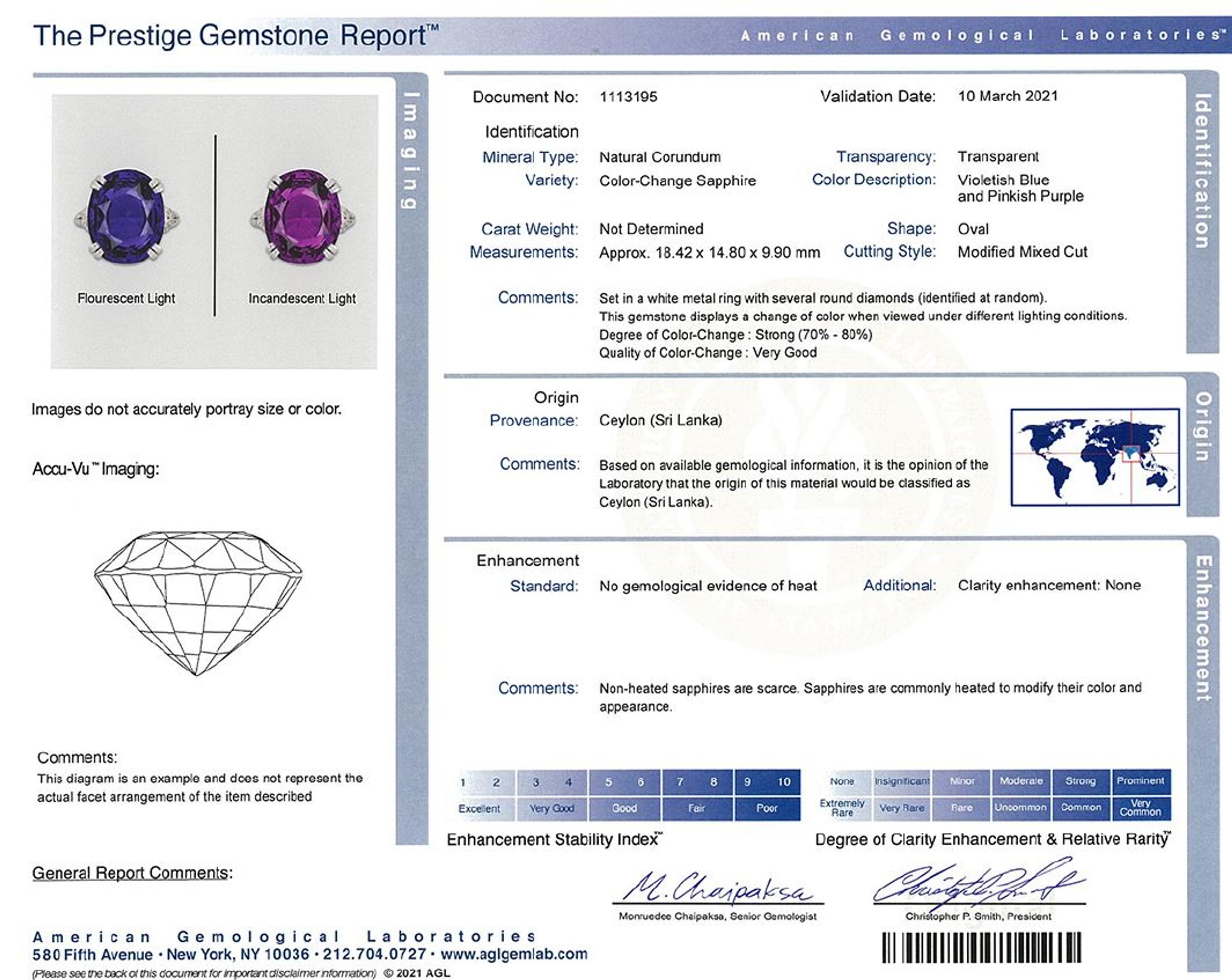 AN IMPORTANT ANTIQUE, COLOR-CHANGE SAPPHIRE AND DIAMOND RING, BY GILLOT