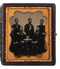 [EARLY PHOTOGRAPHY]. Sixth plate tintype portrait of a medical class with skull.