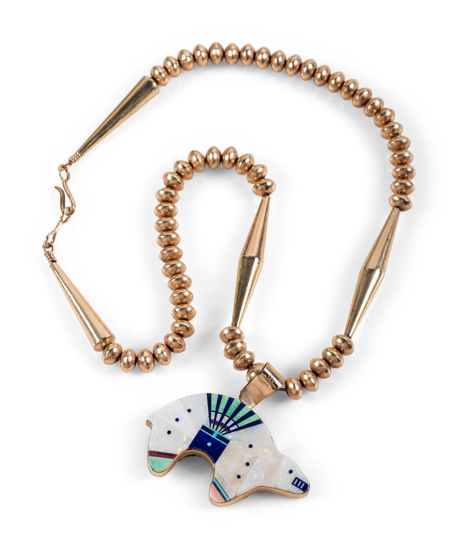 14k Gold Necklace, with Reversible Mosaic Inlay Bear Pendant, in the Stye of Jesse Monongya