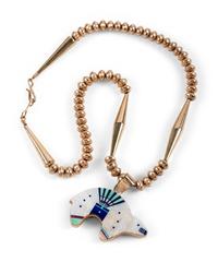 14k Gold Necklace, with Reversible Mosaic Inlay Bear Pendant, in the Stye of Jesse Monongya