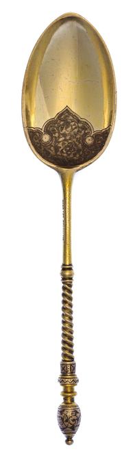 A Russian Silver-Gilt and Niello Spoon, Mark of Antip Kuzmichev for Tiffany & Co., assay mark of A. Smirnov., Moscow, 1881, having a fo