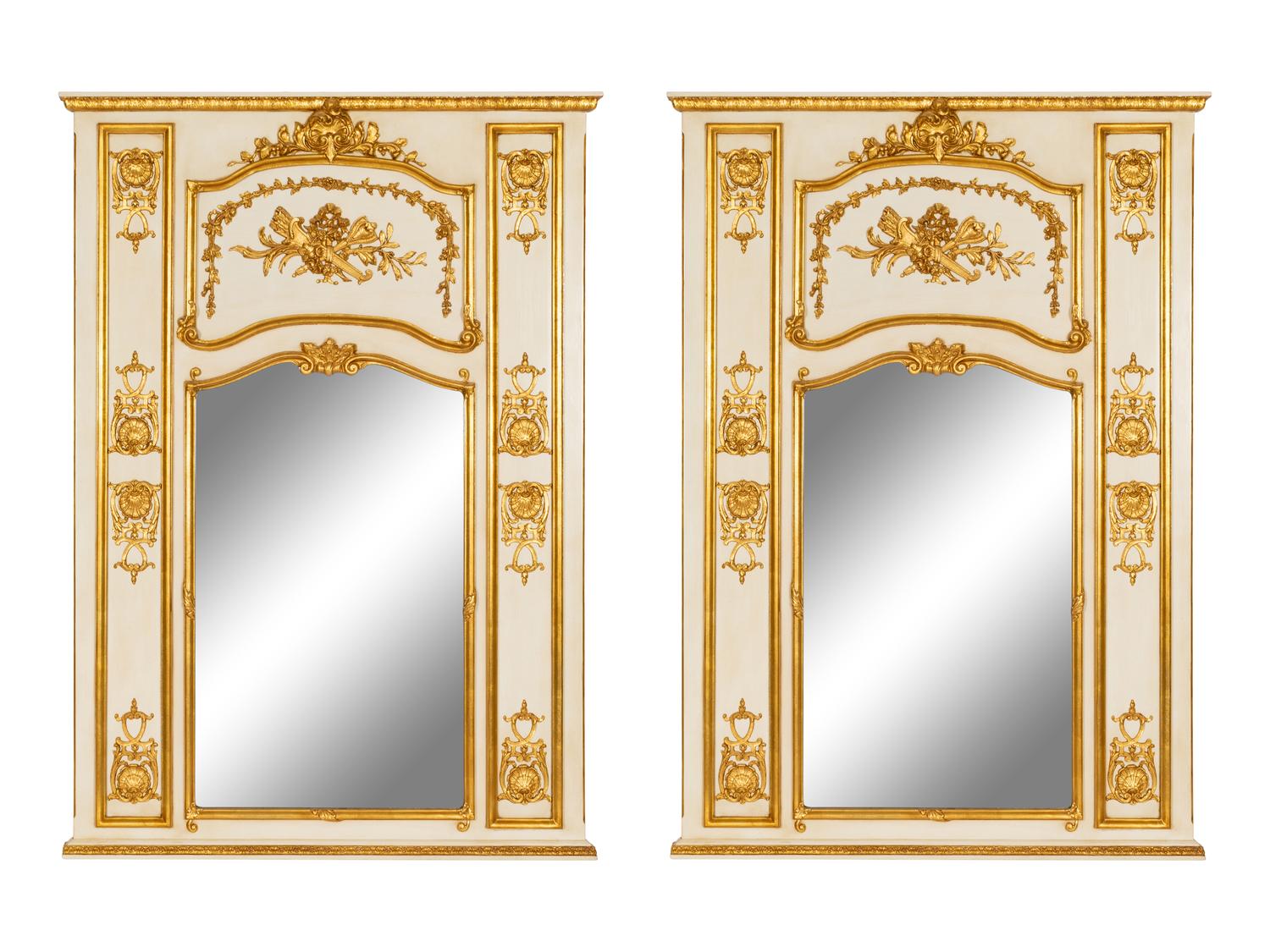 A Pair of Louis XVI Style Cream-Painted and Parcel Gilt Mirrors