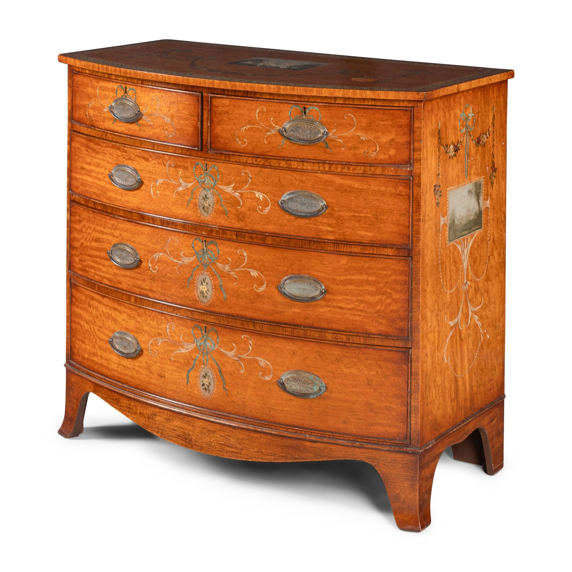 A Late George III Paint-Decorated Mahogany Bow-Front Chest of Drawers