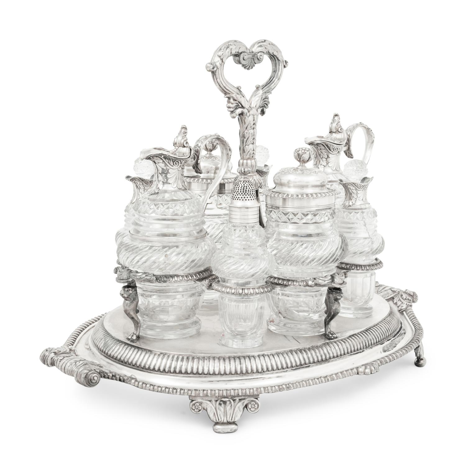 A Paul Storr Silver and Cut Glass Cruet Set