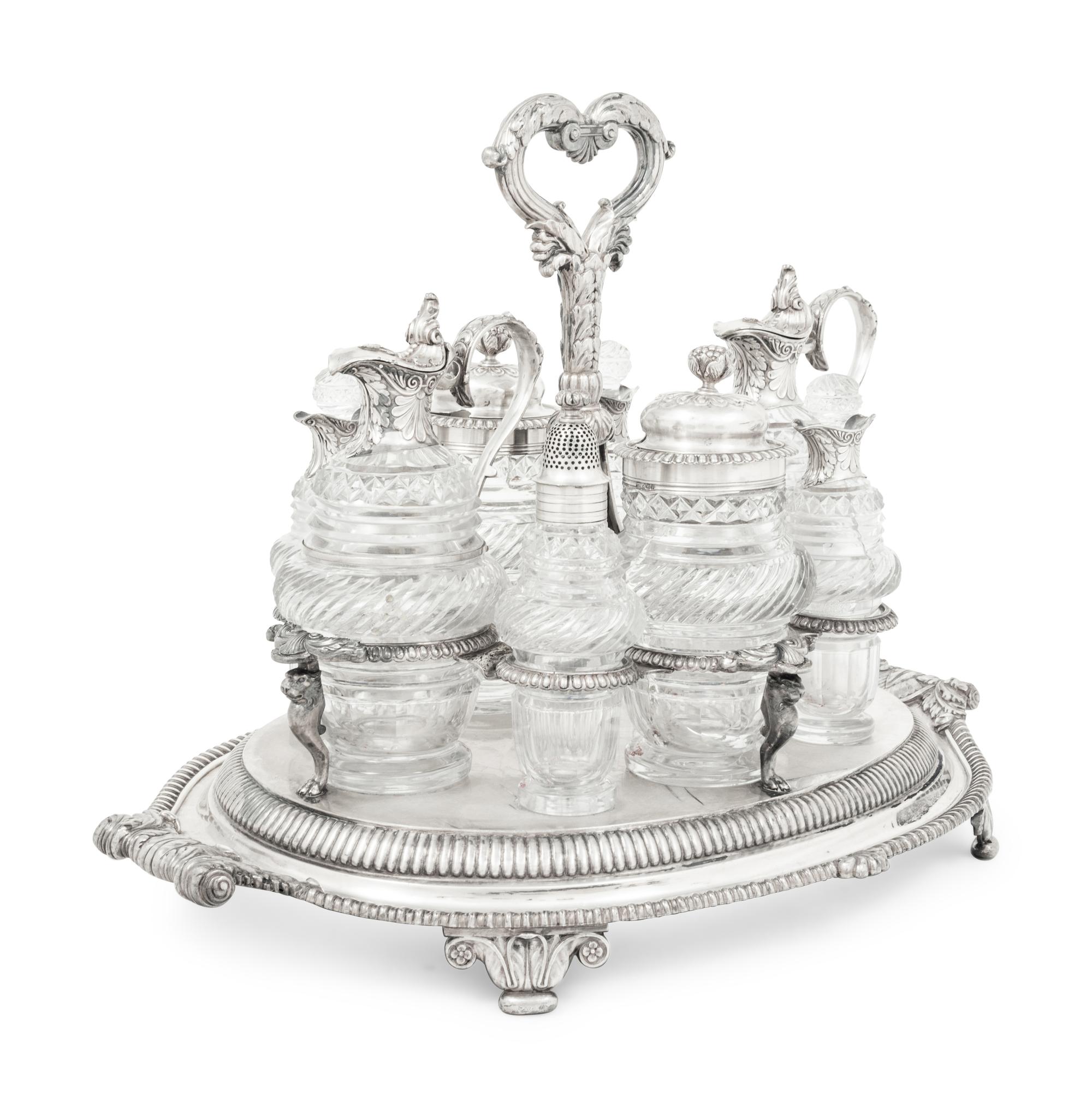 A Paul Storr Silver and Cut Glass Cruet Set