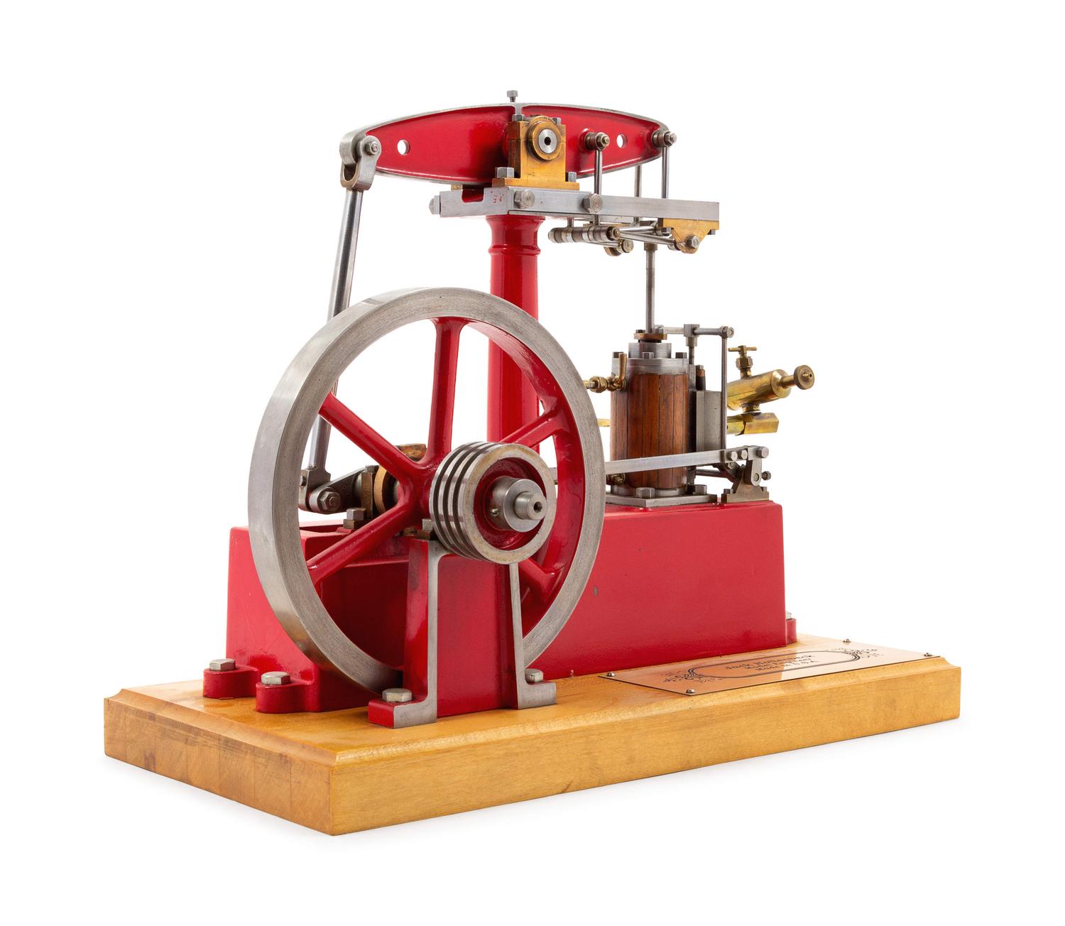A Painted Metal Single Stroke Engine and Flywheel Scale Model