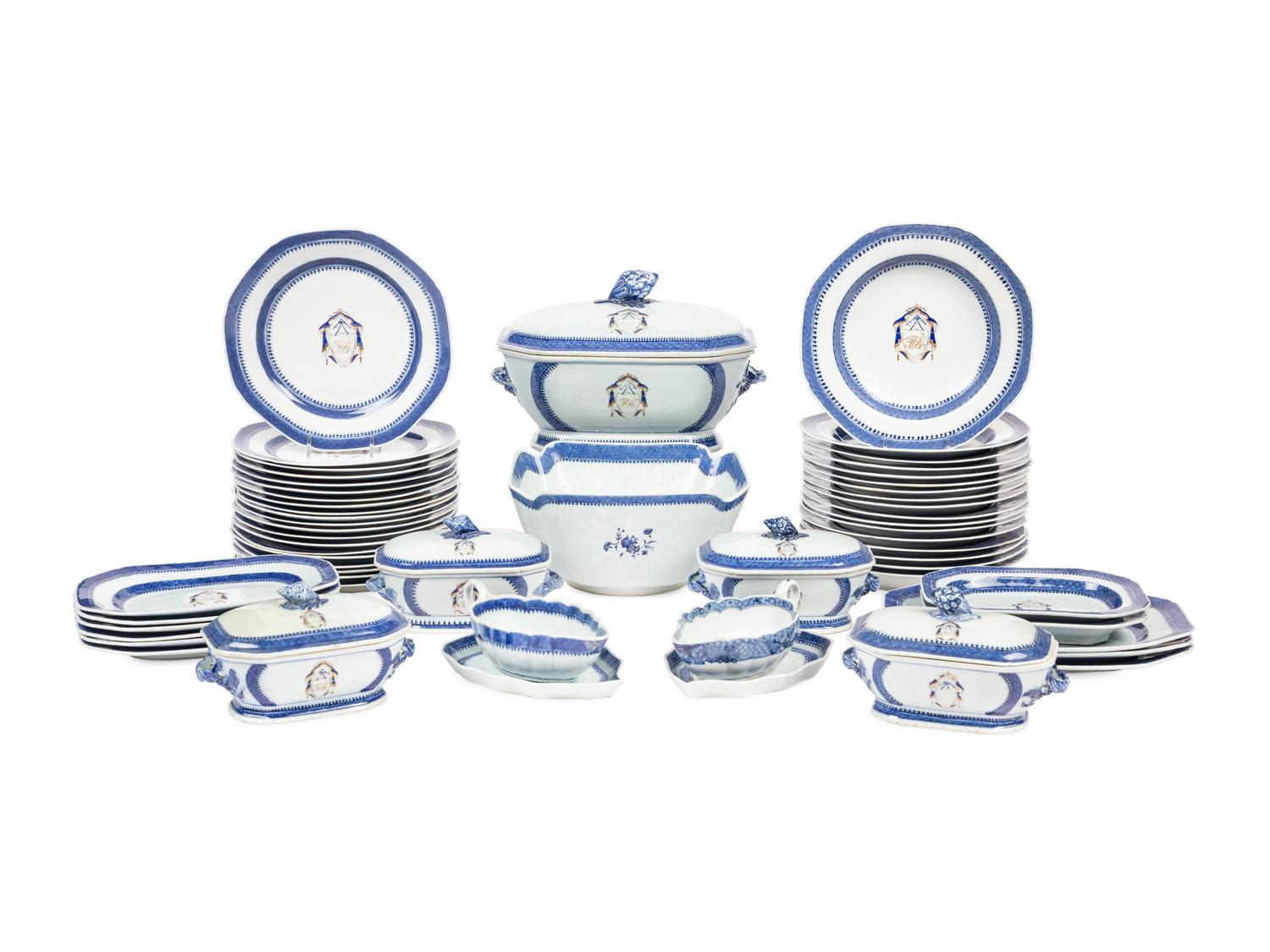 An Assembled Chinese Export Parcel-Gilt Blue and White Porcelain Dinner Service