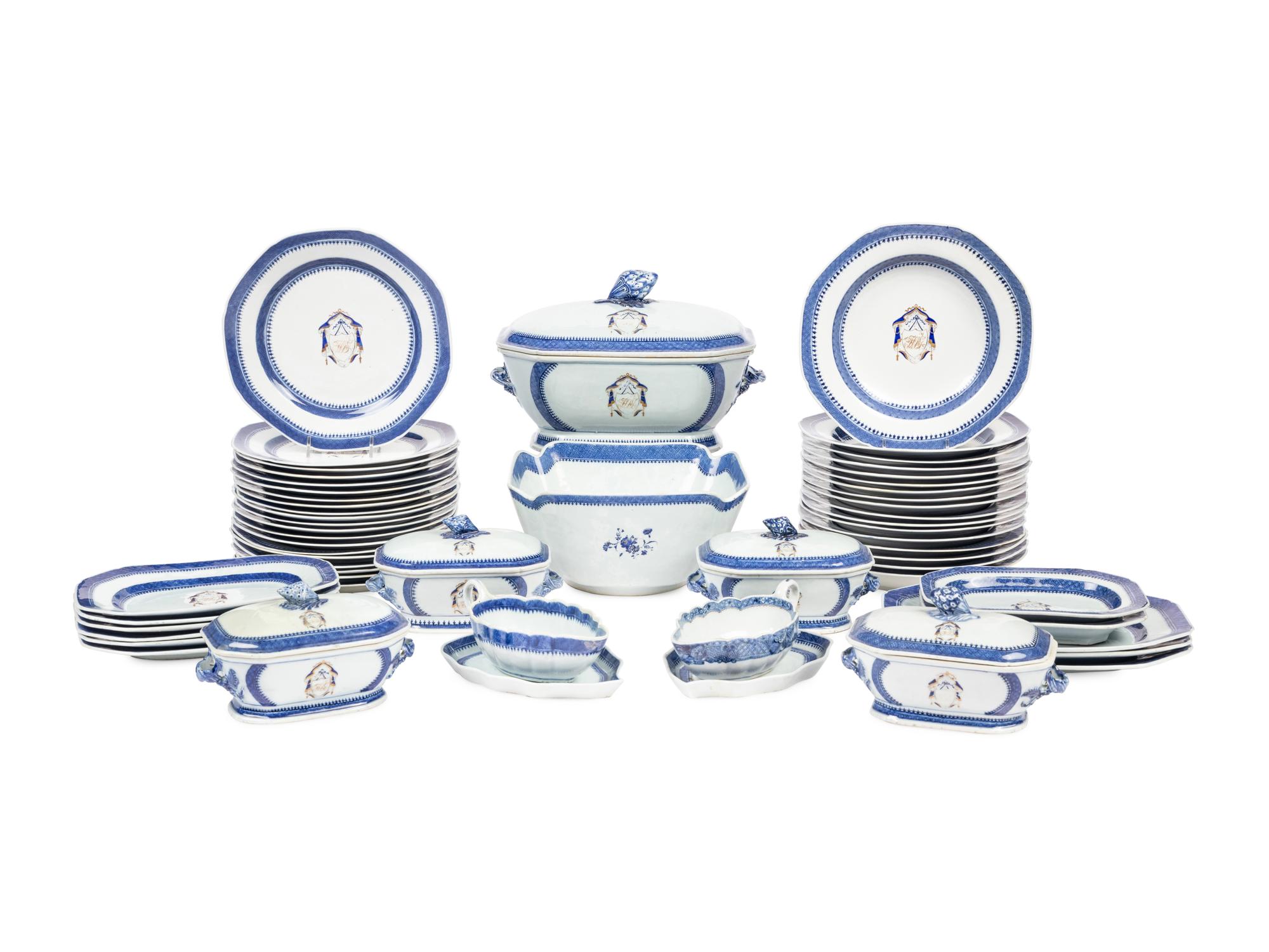 An Assembled Chinese Export Parcel-Gilt Blue and White Porcelain Dinner Service