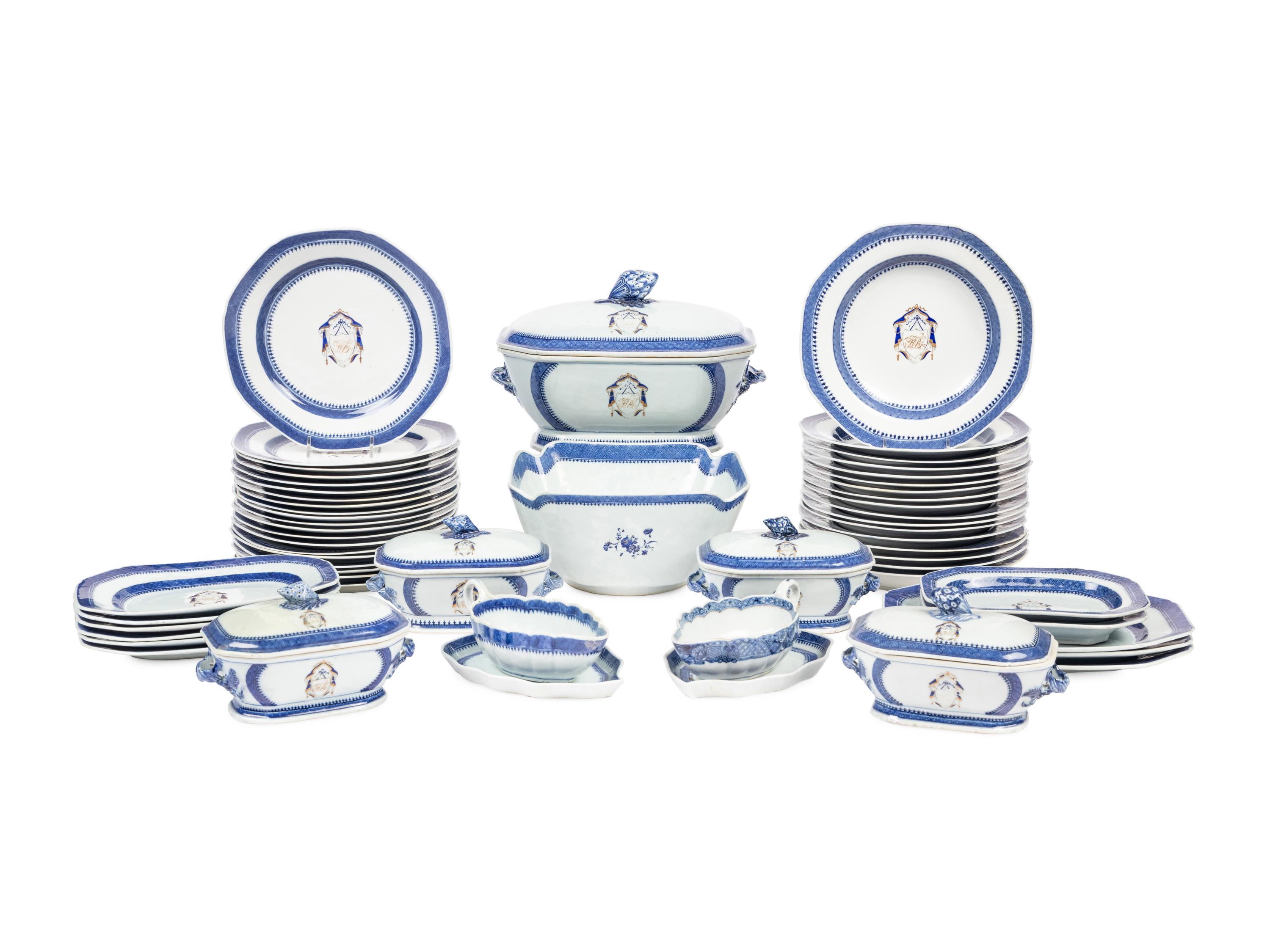 An Assembled Chinese Export Parcel-Gilt Blue and White Porcelain Dinner Service