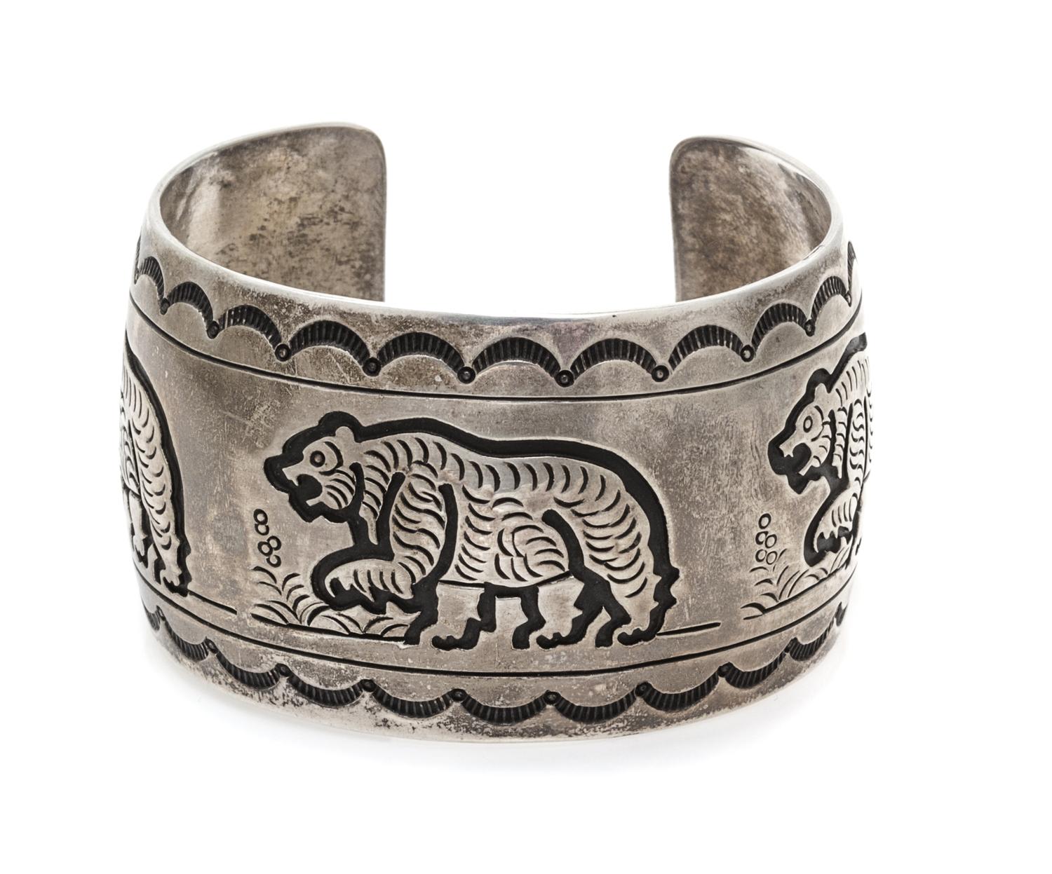 A Sterling Silver Overlay Bear Motif Cuff Bracelet, Hopi, 29.40 dwts.