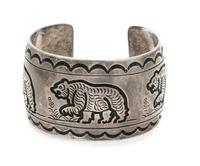 A Sterling Silver Overlay Bear Motif Cuff Bracelet, Hopi, 29.40 dwts.