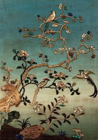 A Large Hardstone Embellished, Gilt and Black Lacquered Wood Screen
