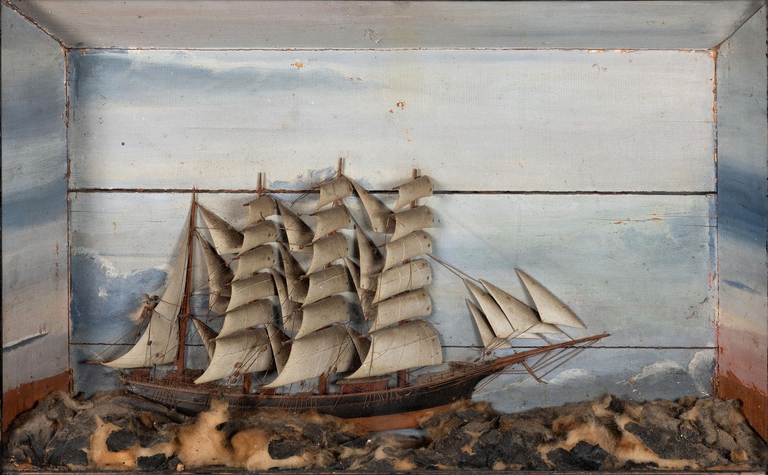 A Carved and Painted Wood Ship Diorama