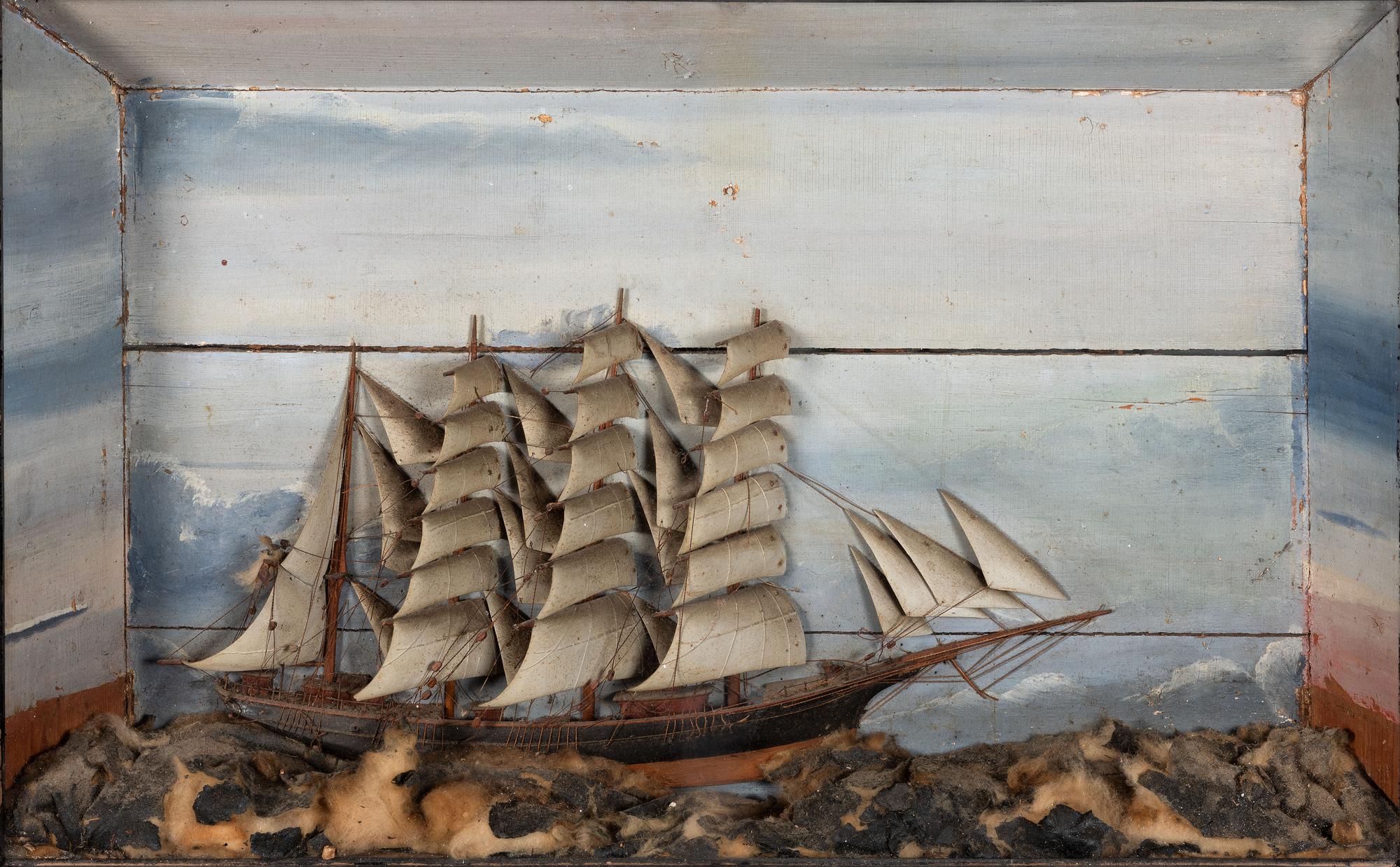 A Carved and Painted Wood Ship Diorama